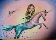 child riding rainbow unicorn caricature Sytniewski